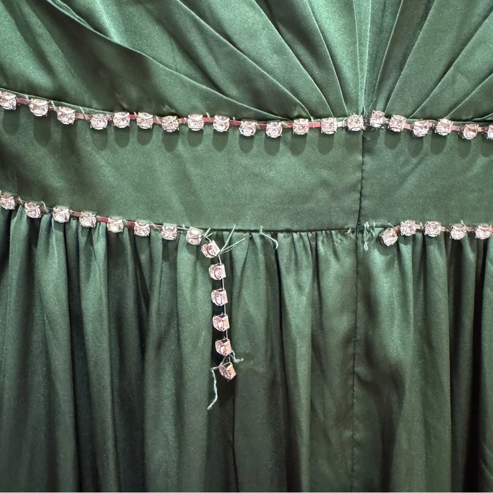 Mac Duggal Satin Puff Shoulder Rhinestone Gown Formal Party Prom #55702 Green 2 - Picture 14 of 15